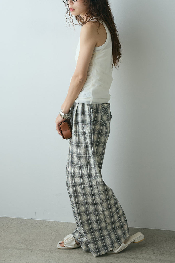 [SET]シャーリングシアータンクxリブタンクSET+タータンチェックワイドパンツ(2set)