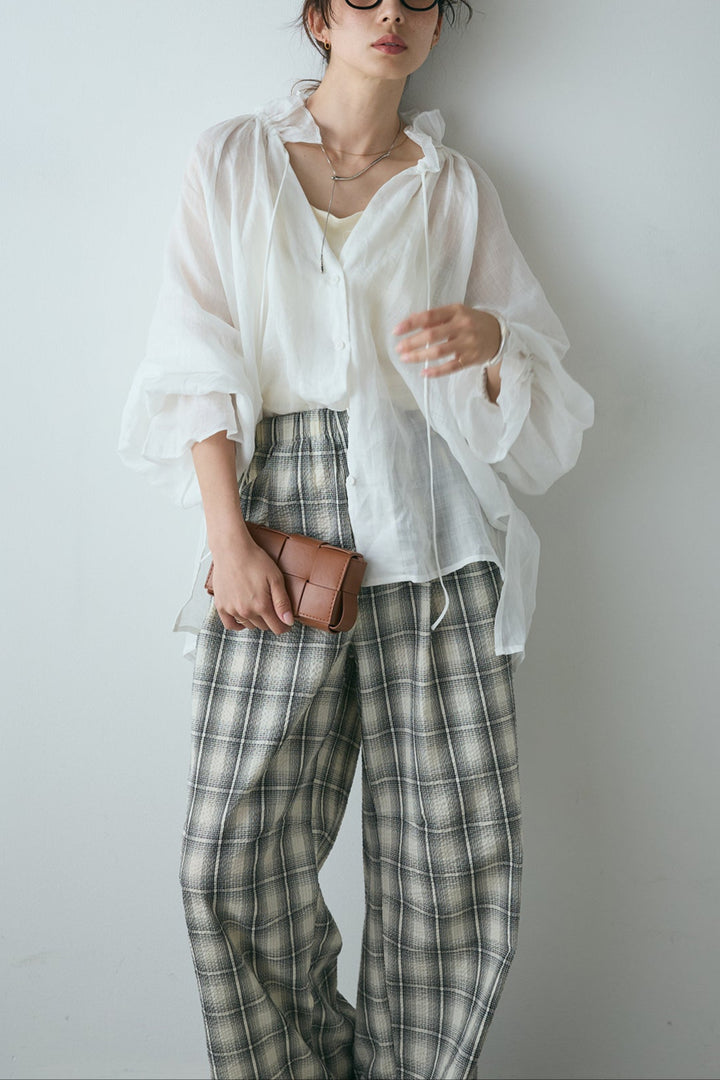 [SET]V開きフリルシアーブラウス+タータンチェックワイドパンツ(2set)