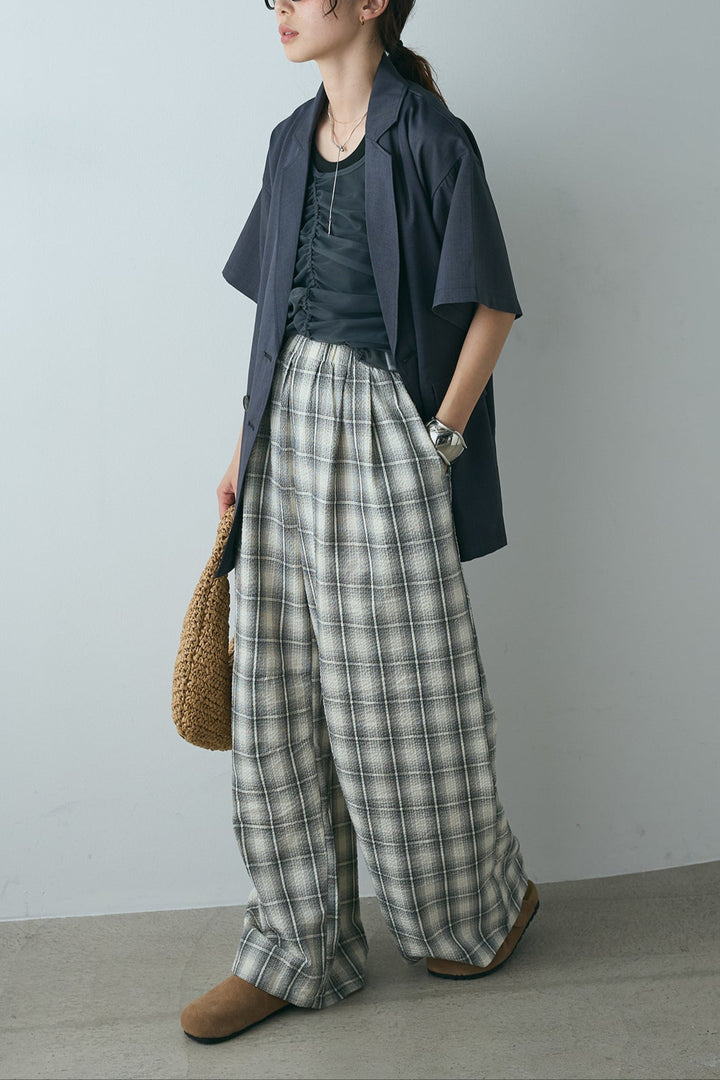 [SET]ヘザーエステルハーフスリーブジャケット+シャーリングシアータンクxリブタンクSET+タータンチェックワイドパンツ(3set)