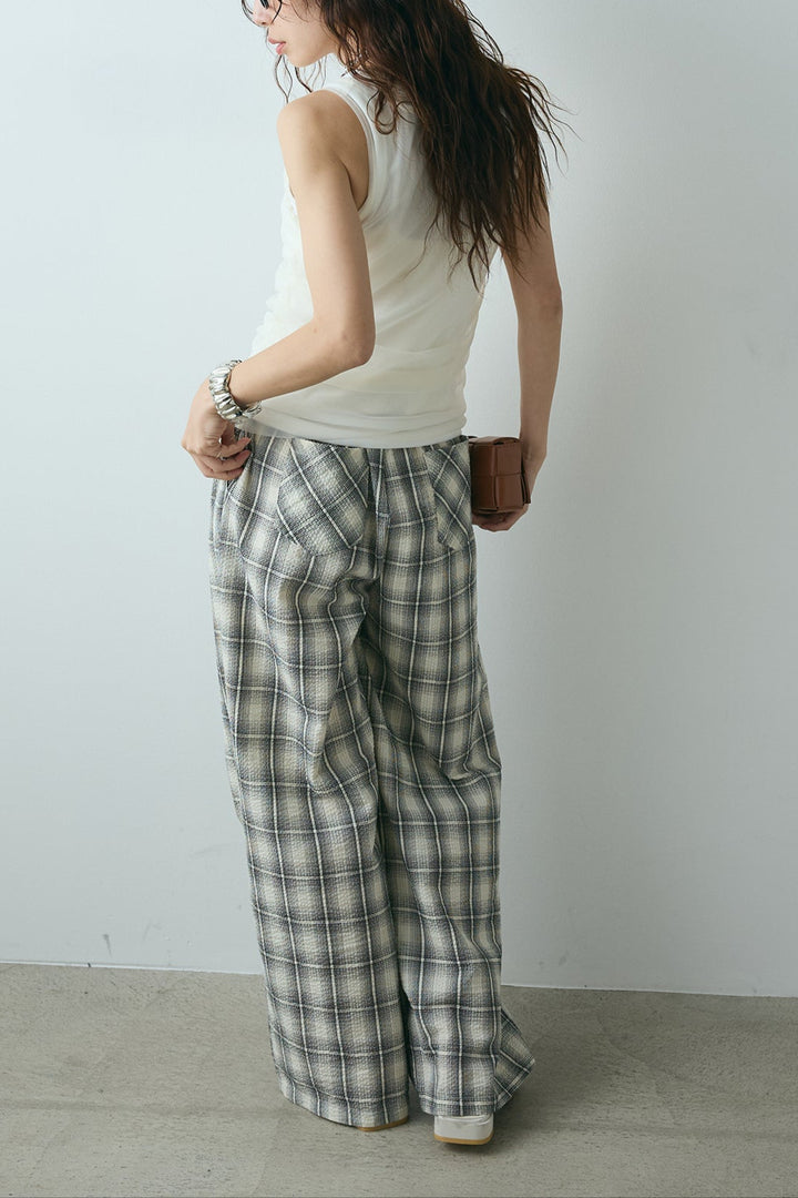 [SET]シャーリングシアータンクxリブタンクSET+タータンチェックワイドパンツ(2set)