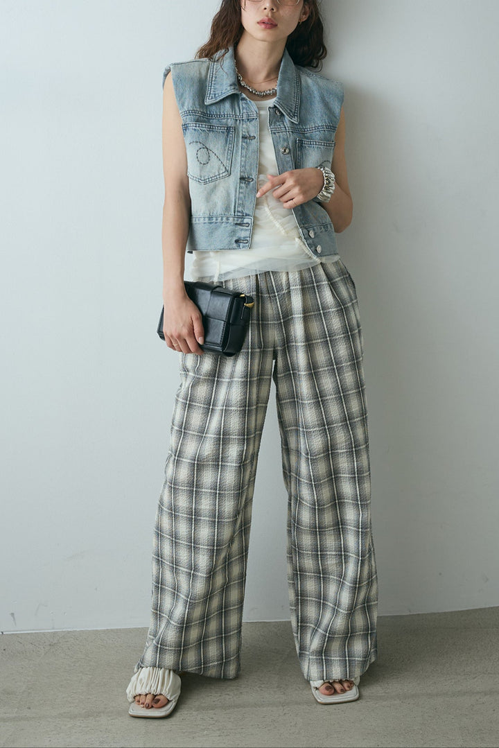 [SET]コンパクトデニムベスト+シャーリングシアータンクxリブタンクSET+タータンチェックワイドパンツ(3set)