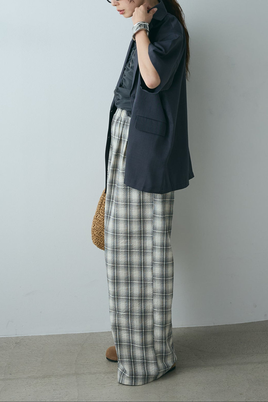 [SET]ヘザーエステルハーフスリーブジャケット+シャーリングシアータンクxリブタンクSET+タータンチェックワイドパンツ(3set)