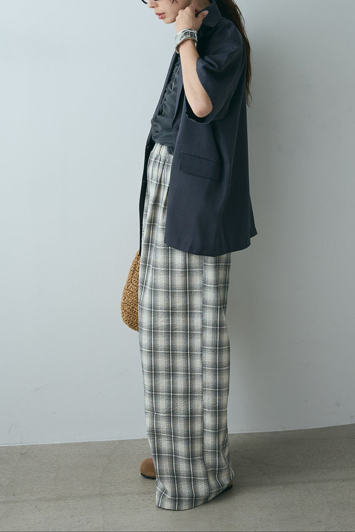[SET]ヘザーエステルハーフスリーブジャケット+シャーリングシアータンクxリブタンクSET+タータンチェックワイドパンツ(3set)