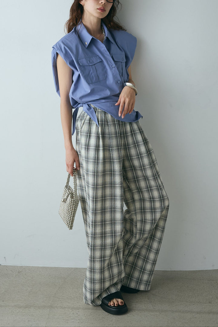 [SET]ウエスト巻きノースリーブシャツ+タータンチェックワイドパンツ(2set)