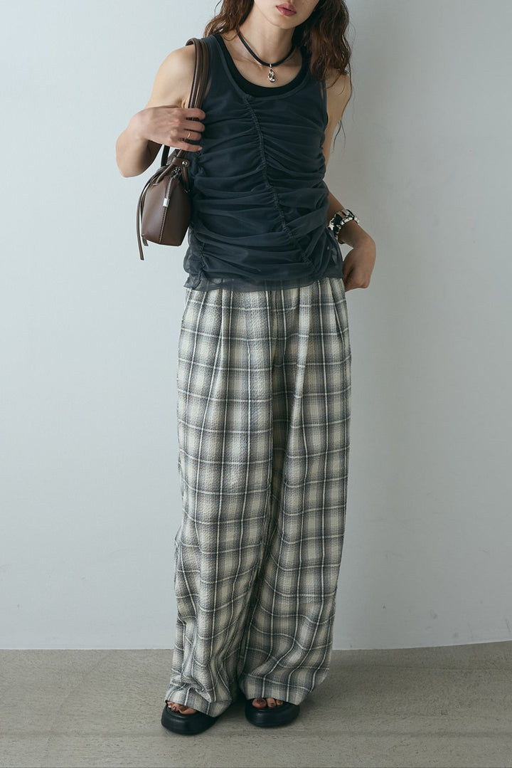 [SET]シャーリングシアータンクxリブタンクSET+タータンチェックワイドパンツ(2set)