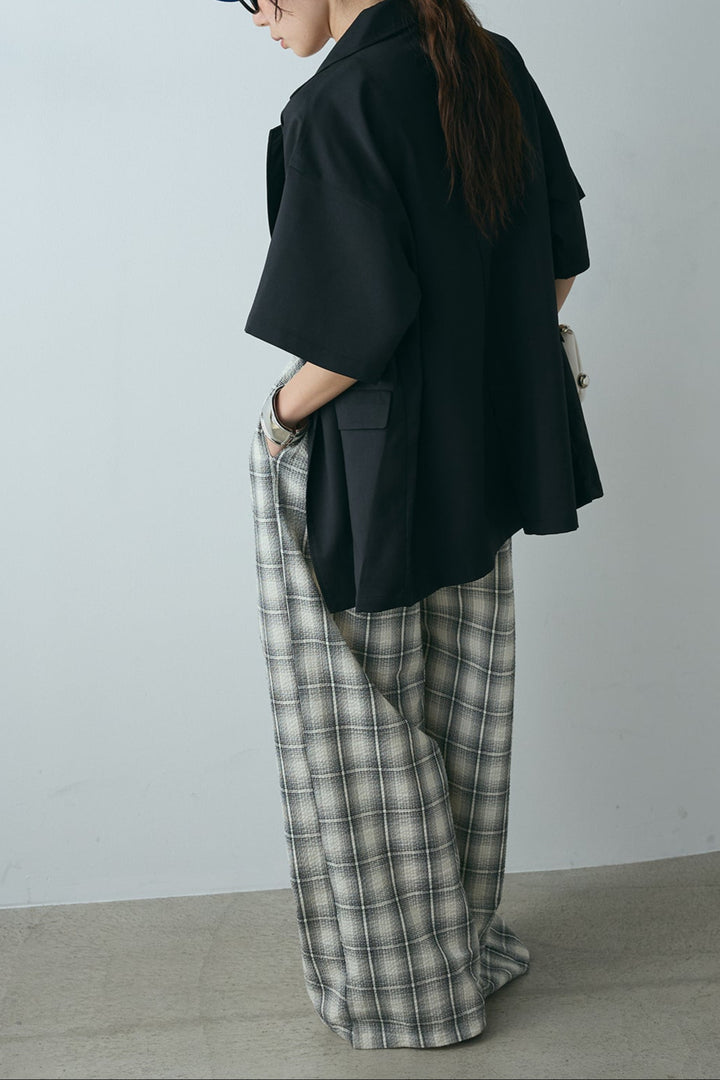 [SET]ヘザーエステルハーフスリーブジャケット+シャーリングシアータンクxリブタンクSET+タータンチェックワイドパンツ(3set)