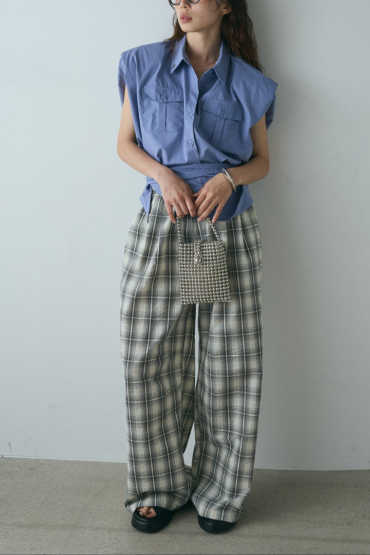 [SET]ウエスト巻きノースリーブシャツ+タータンチェックワイドパンツ(2set)