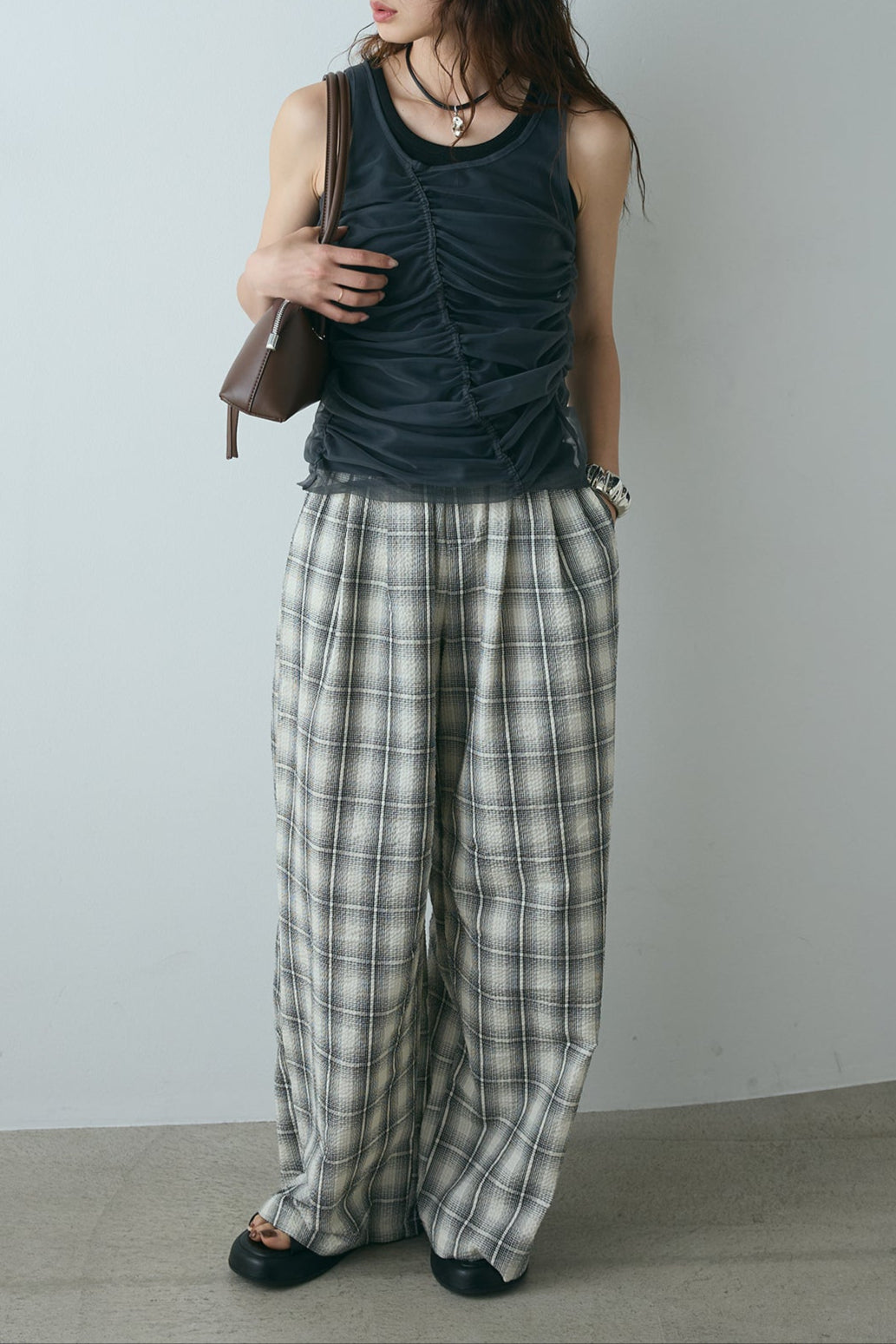 [SET]シャーリングシアータンクxリブタンクSET+タータンチェックワイドパンツ(2set)