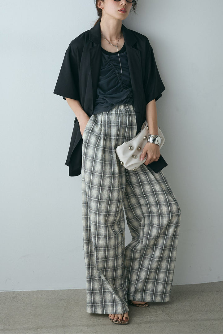 [SET]ヘザーエステルハーフスリーブジャケット+シャーリングシアータンクxリブタンクSET+タータンチェックワイドパンツ(3set)
