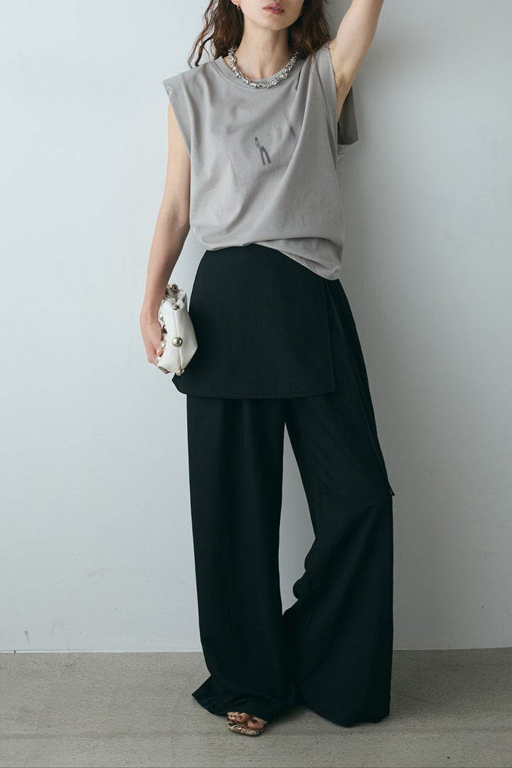 [SET]ぼかしプリントノースリーブTシャツ+ウエストレイヤードスカートパンツ(2set)