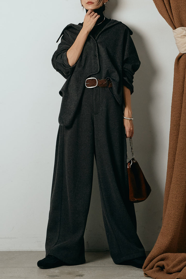 [SET]裾アシンメトリーデザインシャツ+編みベルト付きワイドパンツ+リブニットシームレスタートルプルオーバー(3set)