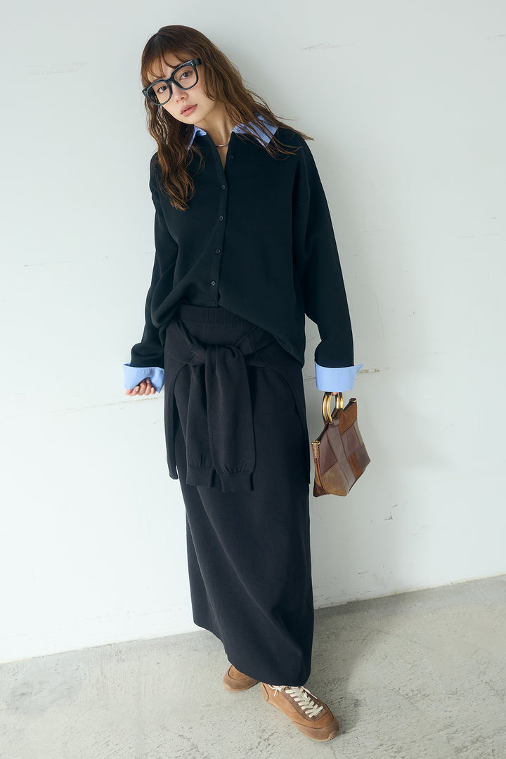 [SET]シャツレイヤード風カーディガン+レイヤードニット巻きスカート(2set)