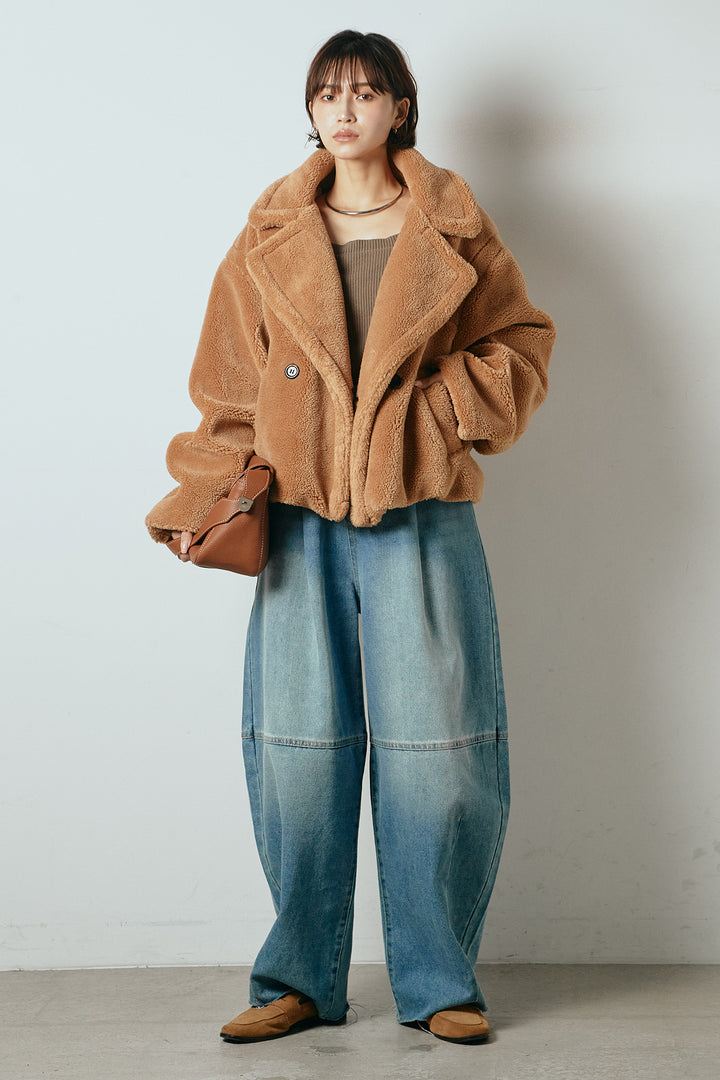 【2月中旬発送】
[SET]テディボアショートジャケット+加工デニムタックコクーンワイドパンツ(2set)