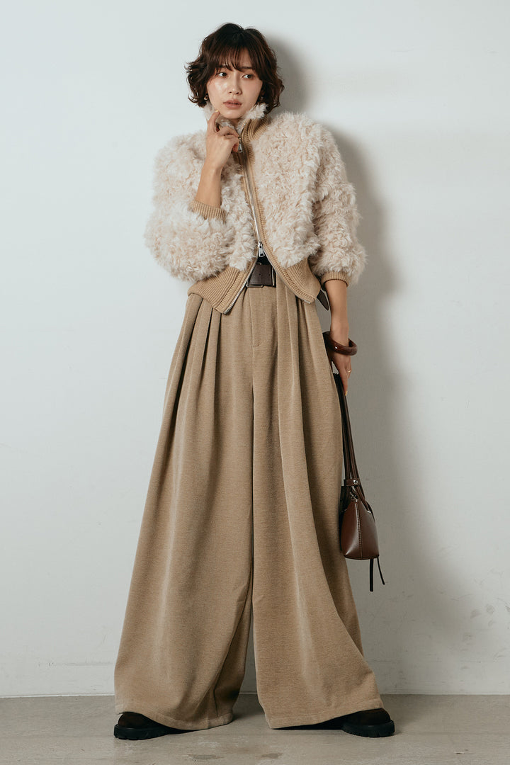 [SET]ハイネックショート丈ボアジップブルゾン+ベルトループコーデュロイワイドパンツ(2set)