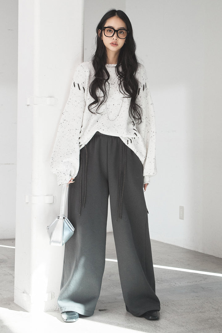 [SET]ネップ編み上げニットトップス+裏起毛スウェットワイドパンツ(2set)