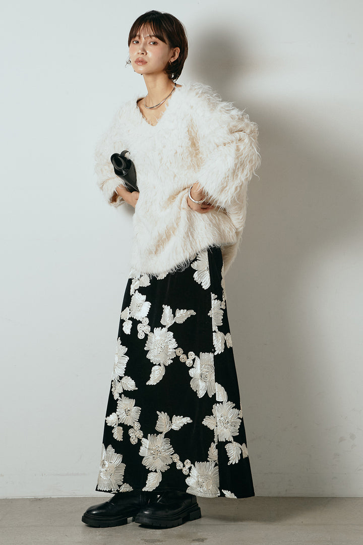 [SET]深Vネックシャギーニットトップス+フラワー刺繍ワイドスカート(2set)