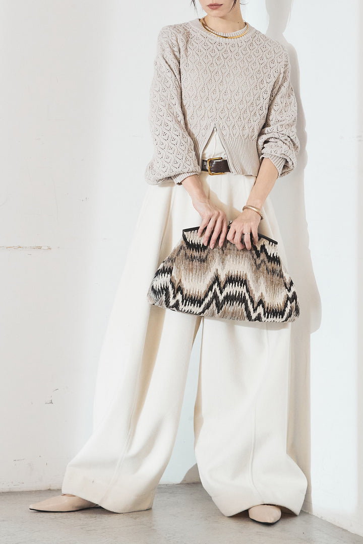[SET]透かし編みニットジップスリットプルオーバー+ウールタッチカーブワイドパンツ(2set)