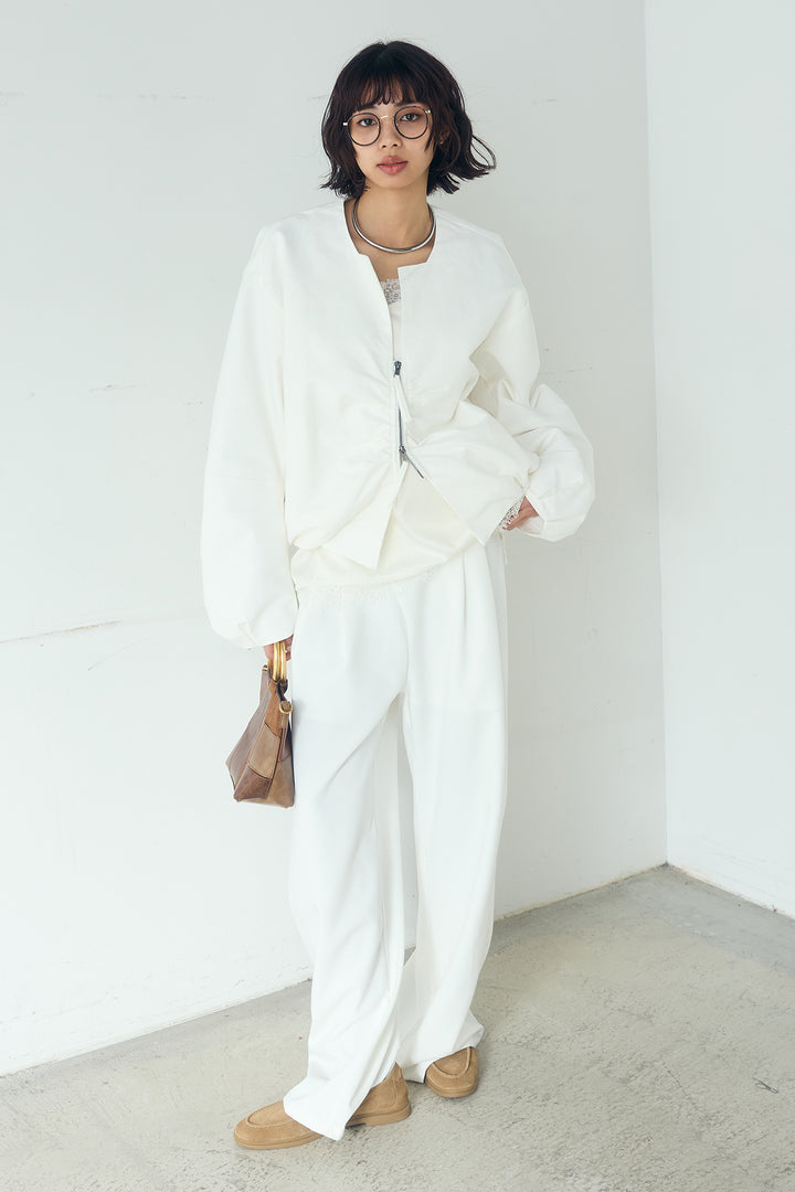 [SET]ノーカラーフロントギャザージップアウター+斜めボタンタック入りスラックス(2set)