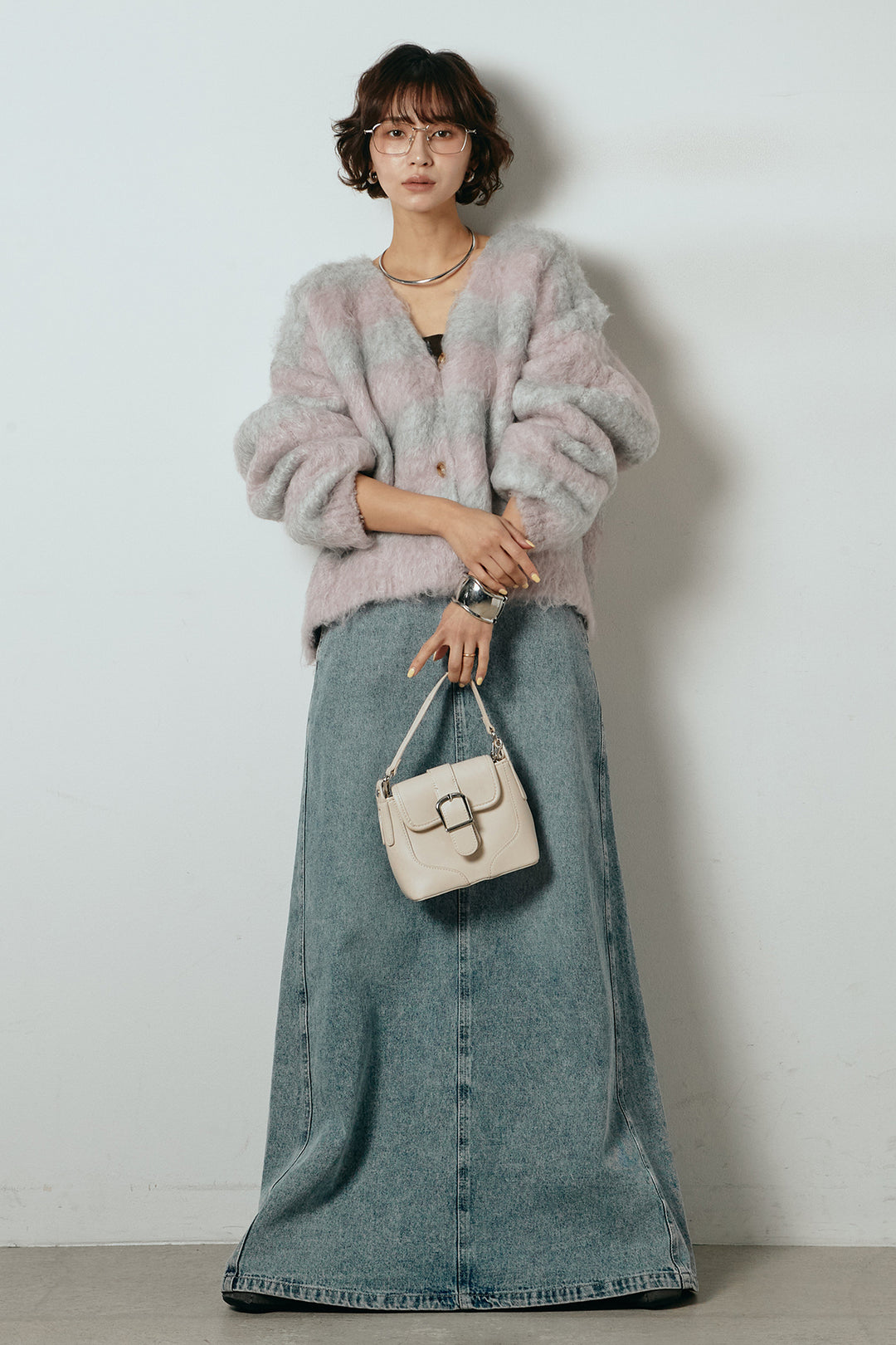 [SET]シャギーボーダー柄ニットカーディガン+デニムロングフレアスカート(2set)