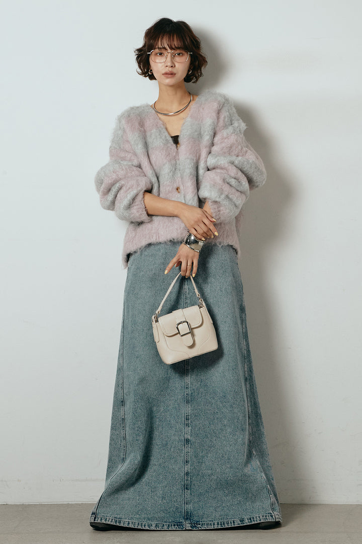 [SET]シャギーボーダー柄ニットカーディガン+デニムロングフレアスカート(2set)