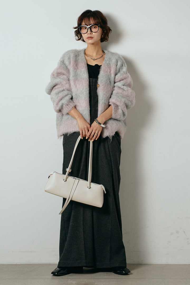 [SET]シャギーボーダー柄ニットカーディガン+ウール混フランネルワイドサロペット(2set)