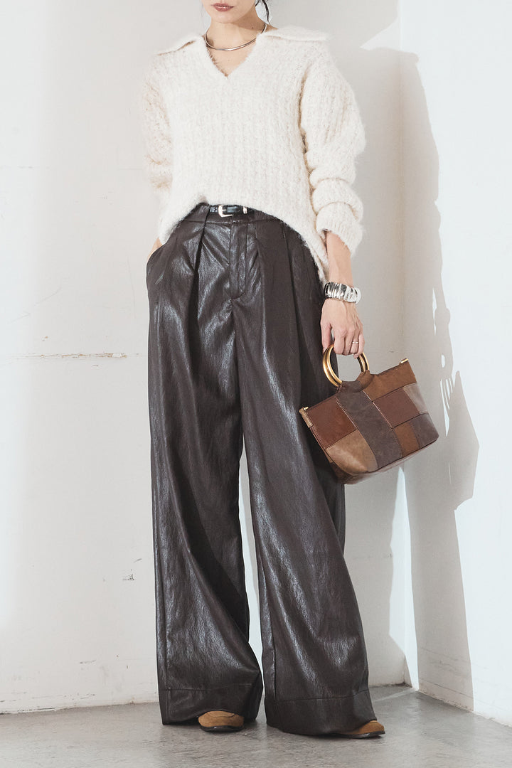 [SET]襟付きVネックニットトップス+ベルト付きレザーライクタックパンツ(2set)