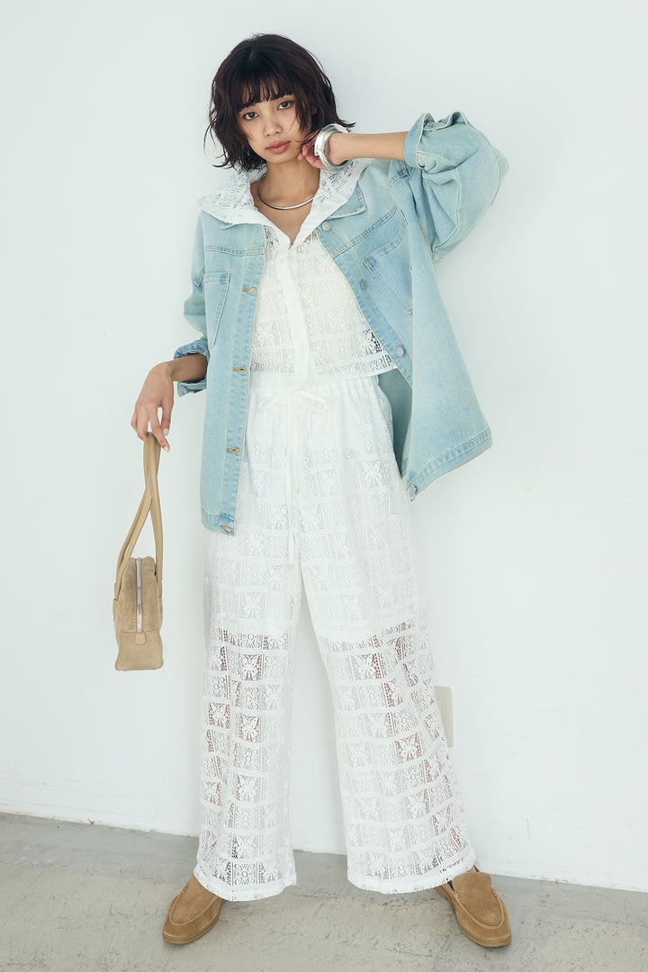 [SET]パッチワークレースショート丈フードシャツ+パッチワークレースイージーパンツ(2set)