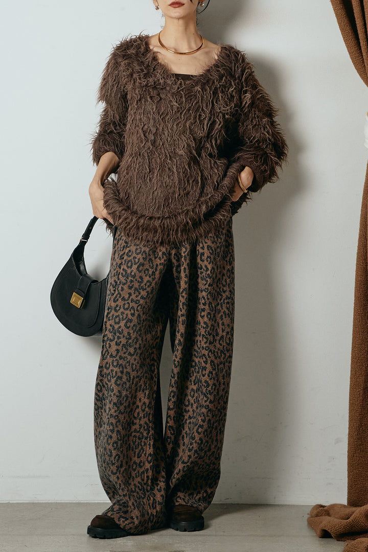 [SET]深Vネックシャギーニットトップス+リラックスレオパード柄ワイドパンツ(2set)