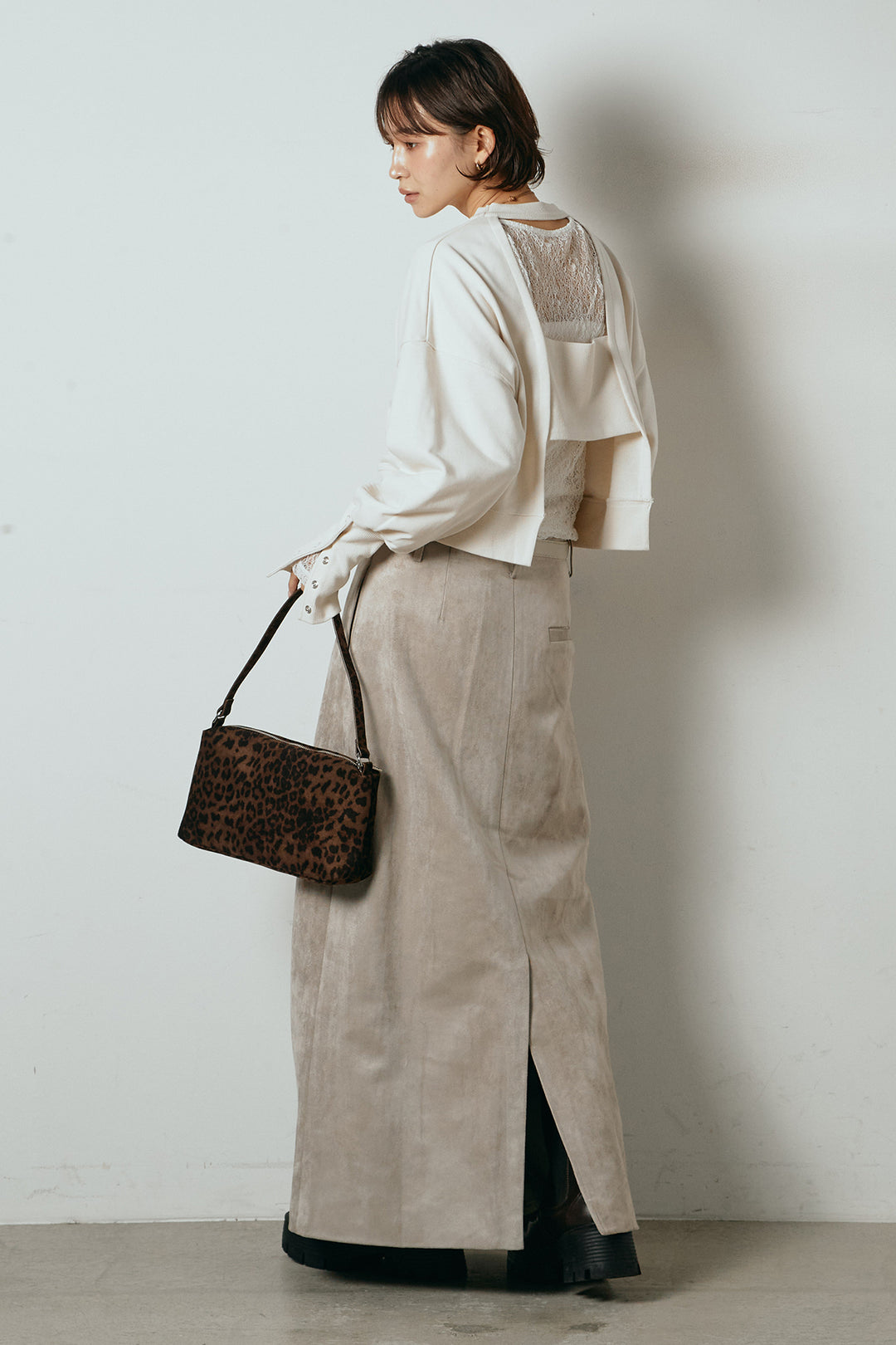 [SET]裏毛バックオープンプルオーバー+エコスウェードワイドスカート(2set)