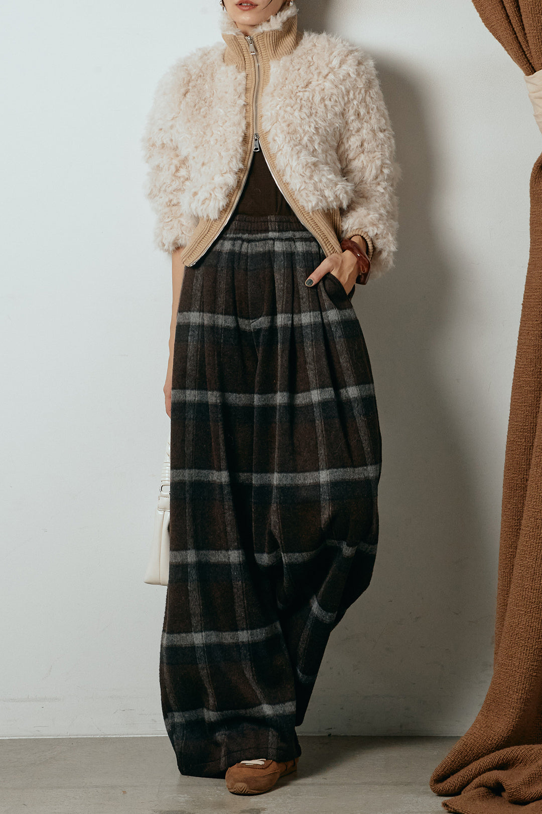 [SET]ハイネックショート丈ボアジップブルゾン+起毛タータンチェック柄ワイドパンツ(2set)