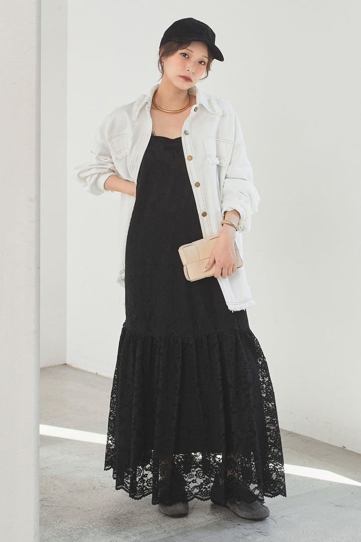 [SET]フリンジデニムジャケット+レース刺繍フレアキャミワンピース(2set)