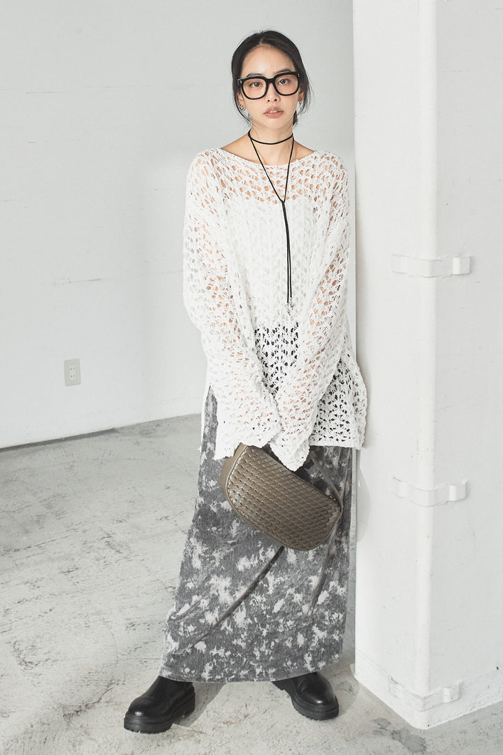 [SET]リラックスメッシュニットトップス+タイダイ柄ベロアワイドスカート(2set)