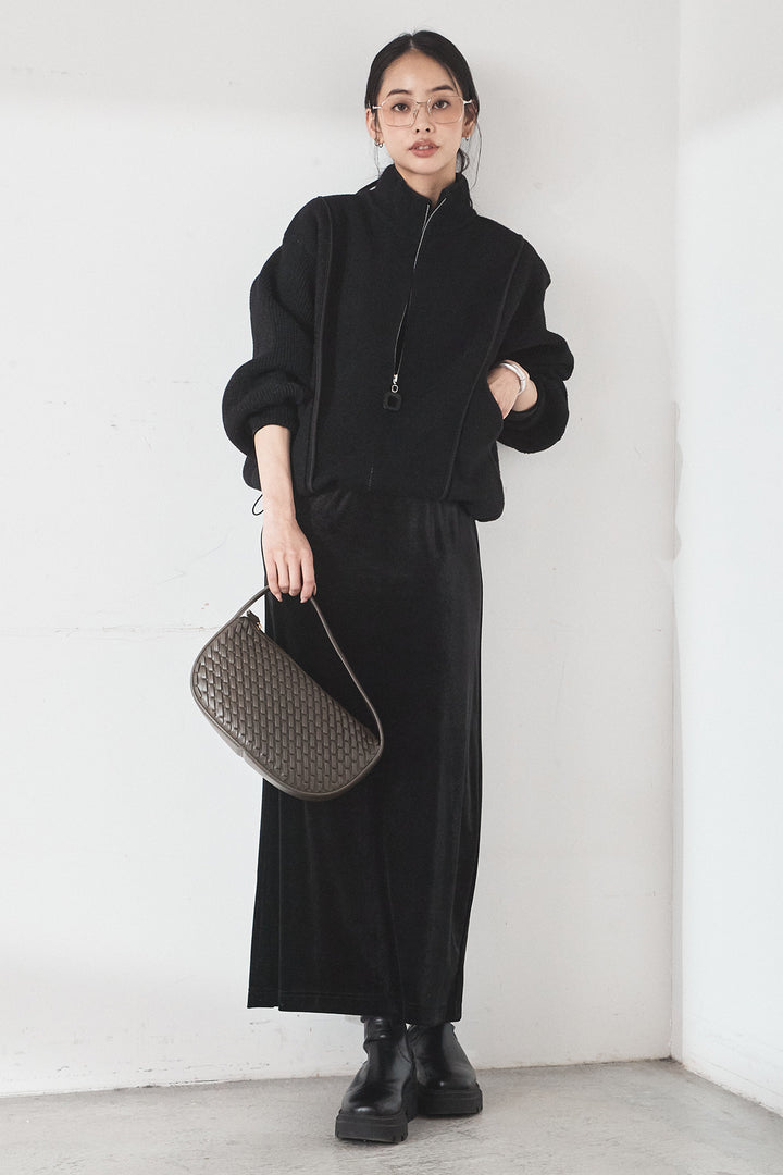 [SET]ハイネックパイピングデザインブルゾン+ベロアバレエネックワンピース(2set)