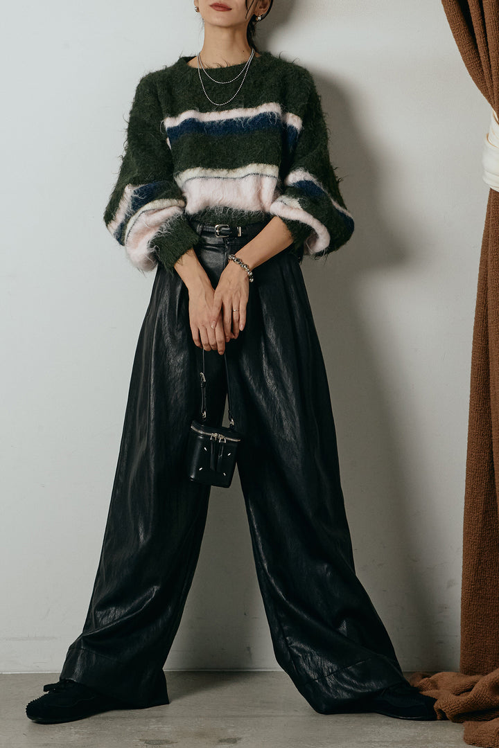 [SET]起毛配色マルチボーダーニットトップス+ベルト付きレザーライクタックパンツ(2set)