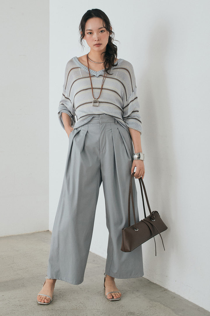 [SET]綿タッチVネックボーダートップス+ウォッシャブルエコレザータックパンツ(2set)