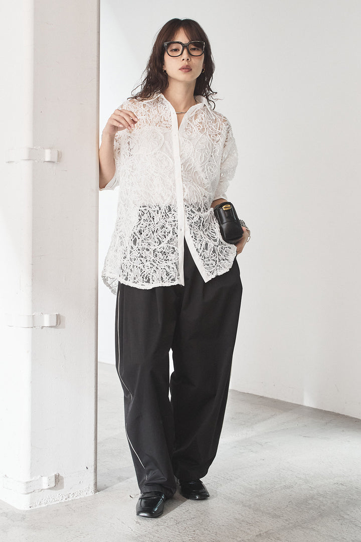 [SET]刺繍レースオーバーサイズシャツ+合繊ツイルパイピングタックカーブパンツ(2set)