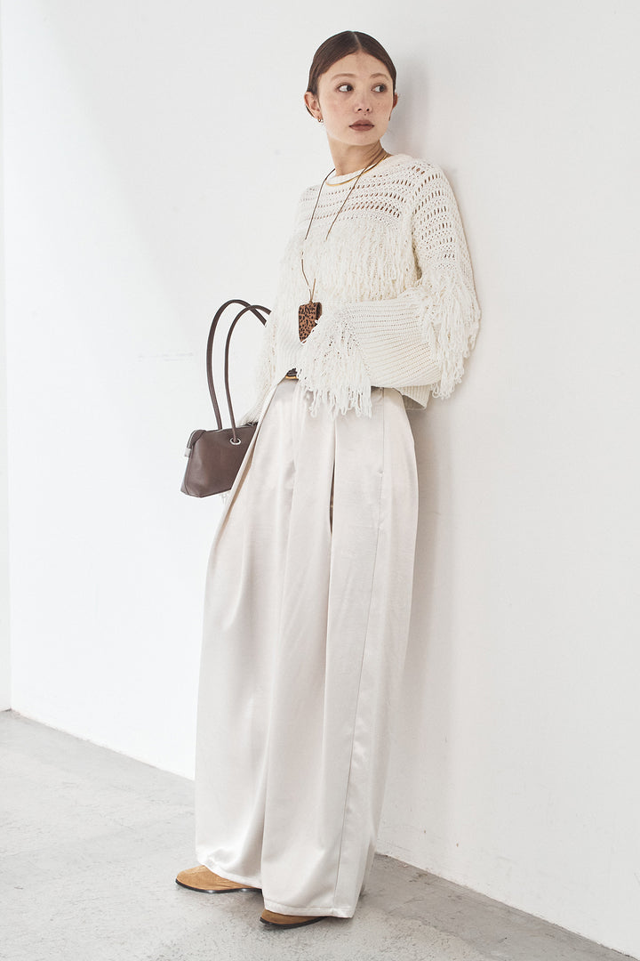 [SET]メッシュフリンジ切り替えプルオーバー+サテンタックワイドパンツ(2set)