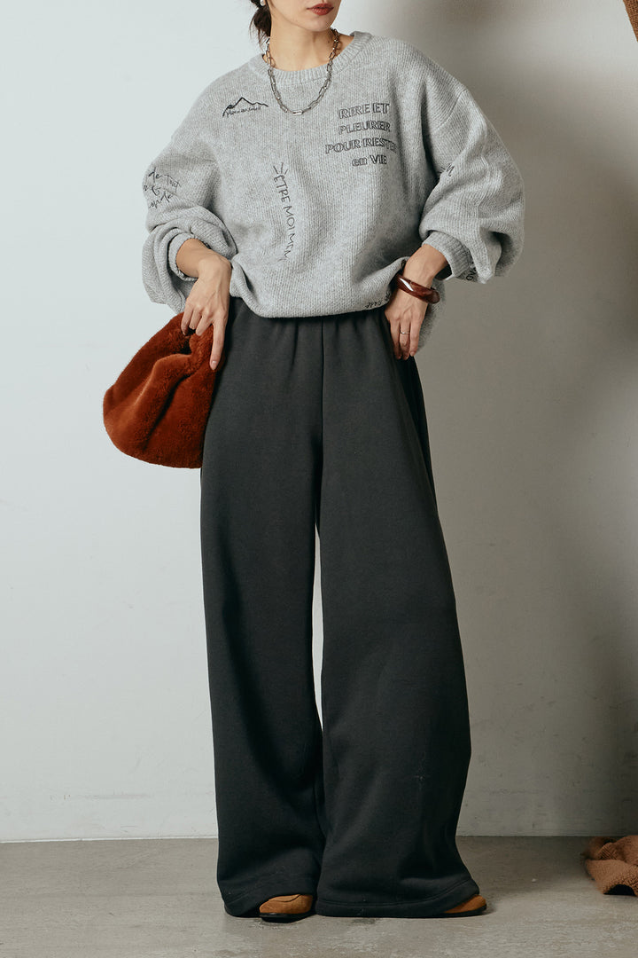 [SET]刺繍ロゴランダムデザインニットトップス+裏起毛スウェットワイドパンツ(2set)