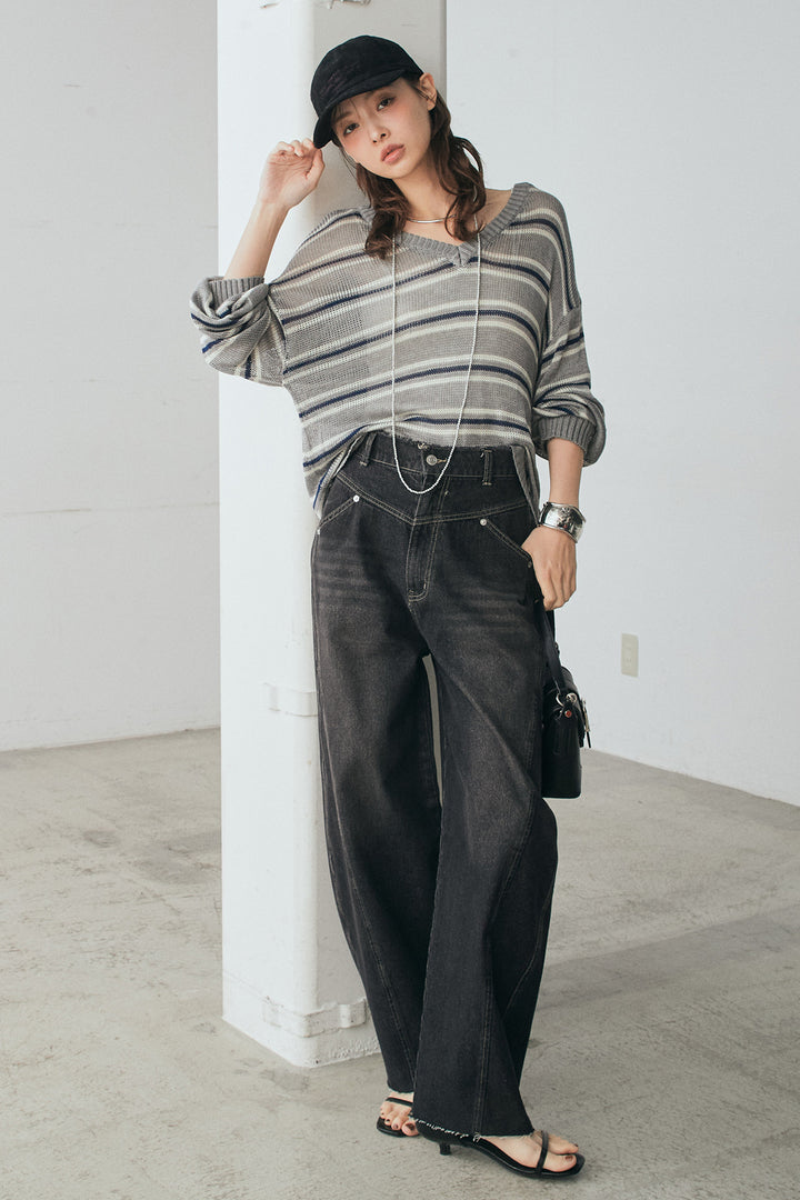 [SET]綿タッチVネックボーダートップス+デニムヨークパンツ(2set)