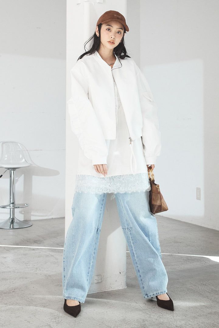 [SET]袖ギャザーデザインブルゾン+レース切り替えキャミソール+デニムアシメカーブパンツ(3set)