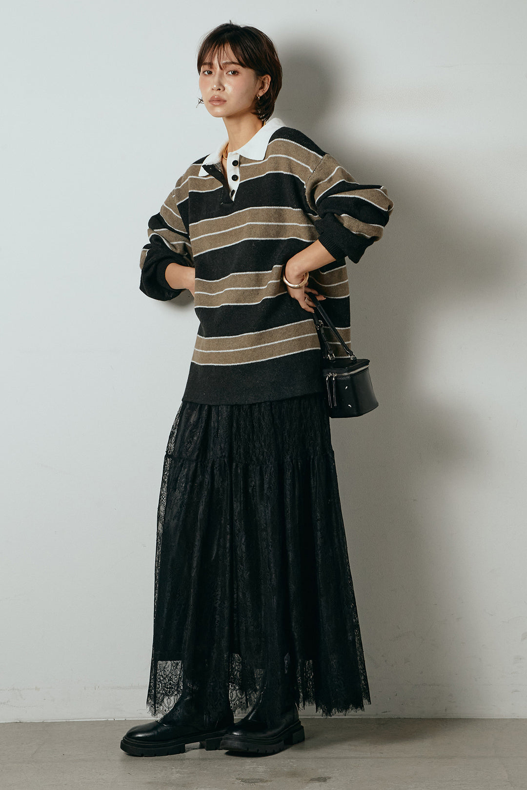 [SET]ラガーニットボーダーポロプルオーバー+ひげレース切替ロング丈スカート(2set)
