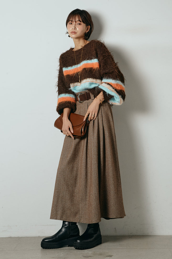 [SET]起毛配色マルチボーダーニットトップス+太ベルト付きヘリンボーンプリーツスカート(2set)