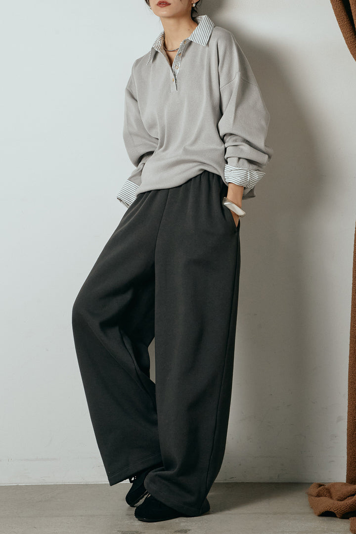 [SET]ストライプシャツドッキングポロトップス+裏起毛スウェットワイドパンツ(2set)