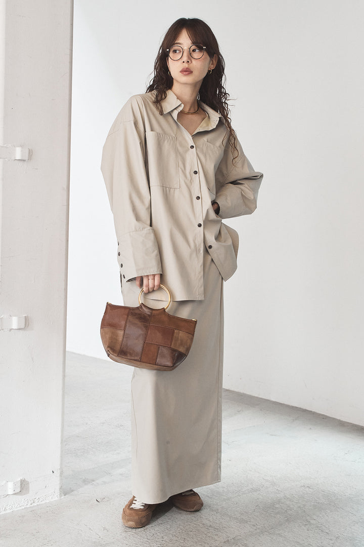 [SET]ウォッシャブルエコレザービックカフスシャツ+ウォッシャブルエコレザーナロースカート(2set)