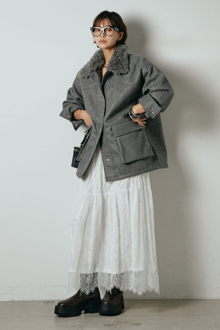 [SET]エコウール衿ファー薄中綿入りミドルカバーオール+ひげレース切替ロング丈スカート(2set)