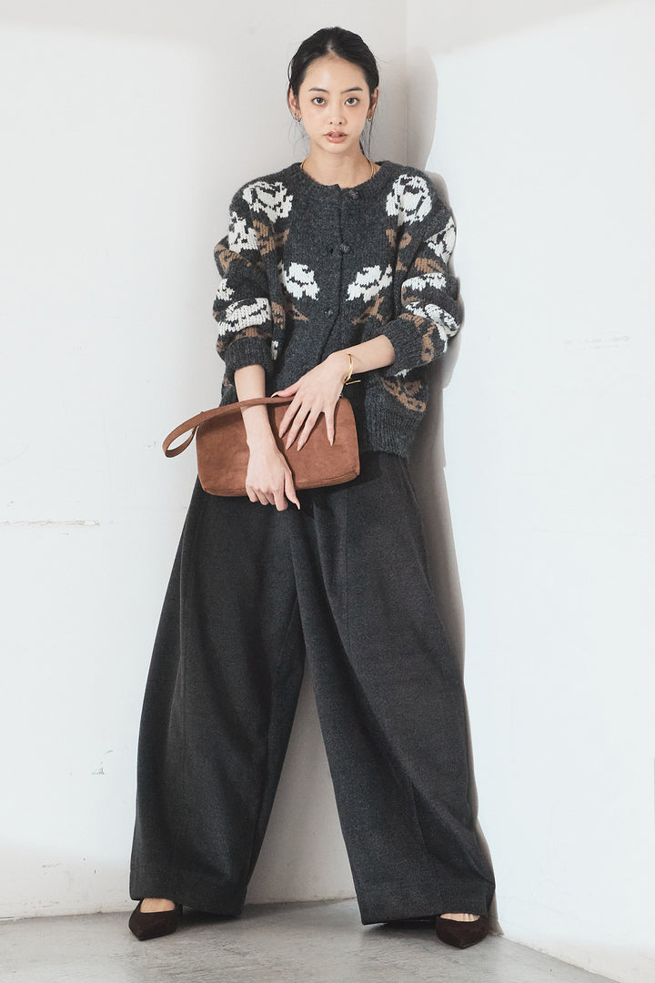 [SET]花柄ジャガードニットカーディガン+ウールタッチカーブワイドパンツ(2set)