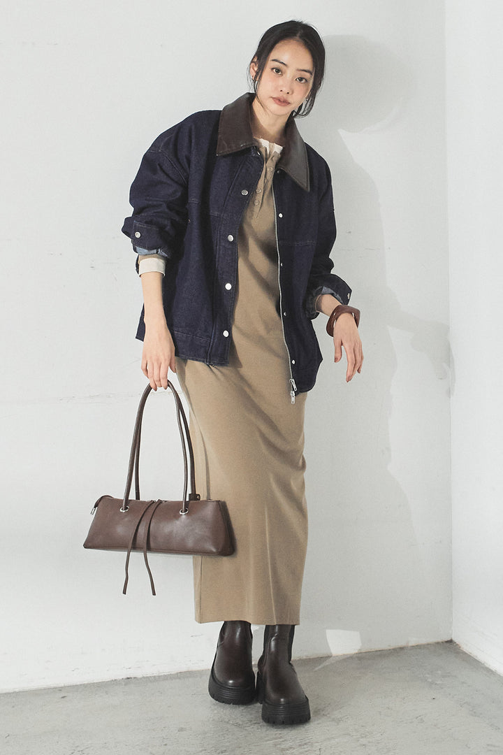 [SET]加工デニムレザー襟付きデニムブルゾン+カットリブレイヤードヘンリーネックワンピース(2set)