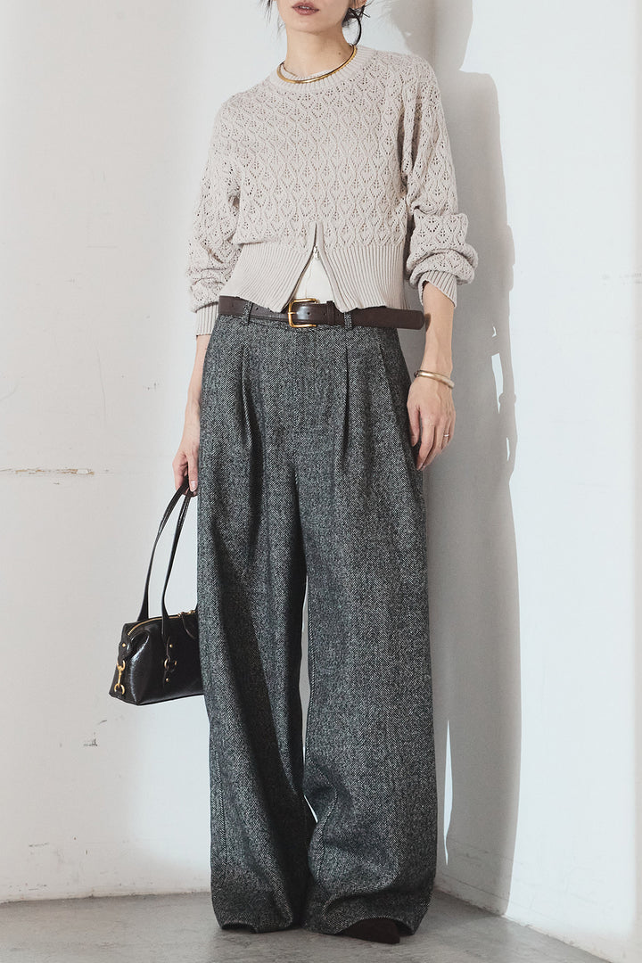 [SET]透かし編みニットジップスリットプルオーバー+タックツイードワイドパンツ(2set)