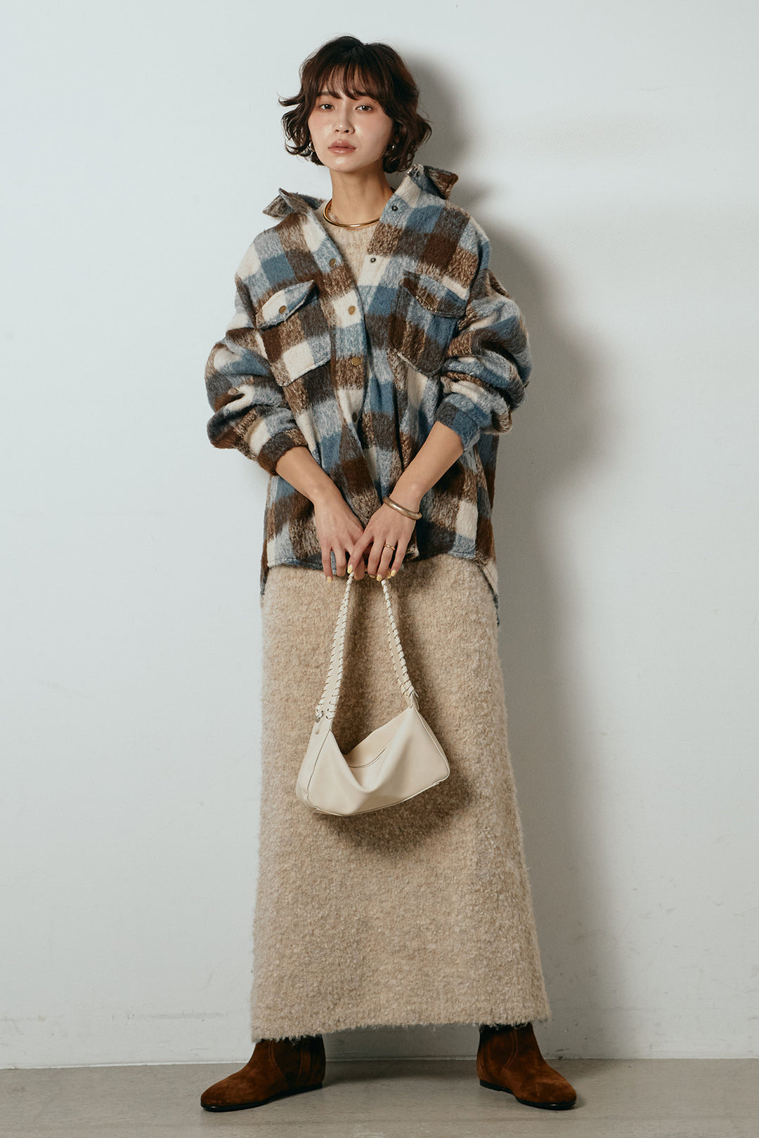 [SET]起毛チェック柄ポケットアウター+起毛ノースリーブニットロングワンピース(2set)