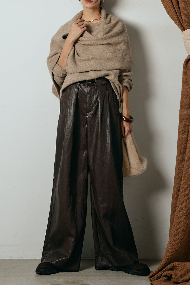 [SET]ネック巻きデザインニットトップス+ベルト付きレザーライクタックパンツ(2set)
